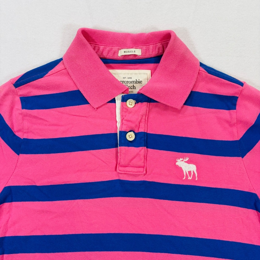 Abercrombie & Fitch Mens Med Muscle Fit Polo Shirt Pink Blue Striped Moose Y2K